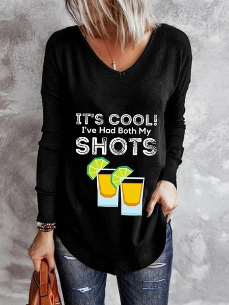 

Casual Long Sleeve V Neck Plus Size Printed Tops T-shirts, Black, T-Shirts