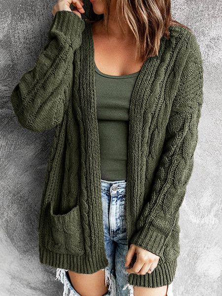 

Solid color pocket long twist knitted cardigan coat autumn and winter new sweater female, Army green, Cardigans