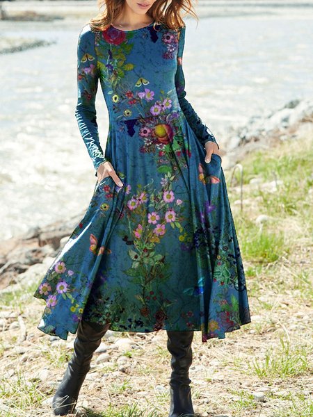 

Crew Neck Cotton Dresses, Blue, Midi Dresses