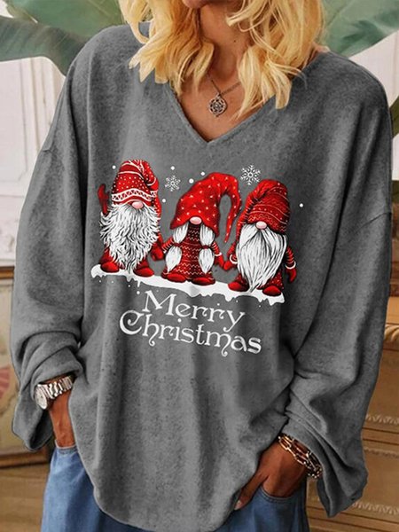 

V Neck Loosen Sweet Shirts & Tops, Deep gray, Long sleeve tops