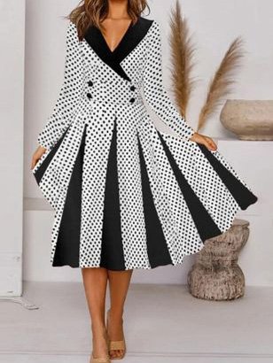 

Risvolto Regolare In forma Abito, Nero-bianco, Midi Dresses