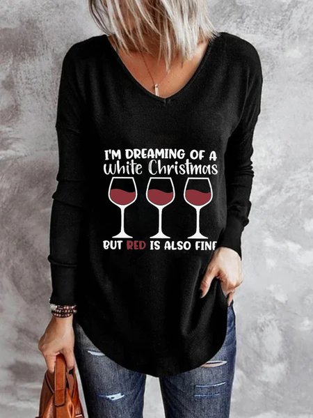 

Christmas Xmas Long Sleeve V Neck Plus Size Printed Tops T-shirts, Black, T-Shirts
