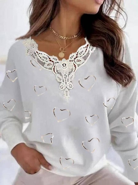 

Casual Long Sleeve V Neck Printed Top, White, Tops