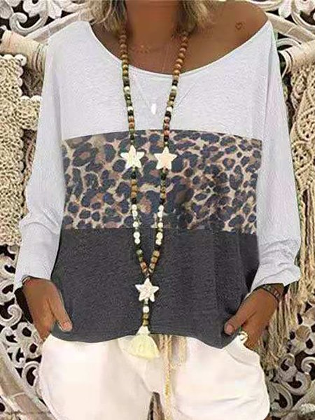 

Long Sleeves Leopard Casual Shirts & Tops, White, Tops