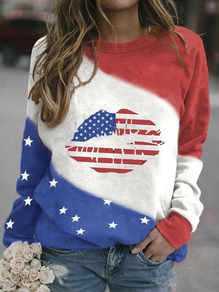 

Color-block Stars Flag Lips Letters Printed Long Sleeve Crew Neck Plus Size Casual Sweatshirts, Multicolor, Hoodies & Sweatshirts
