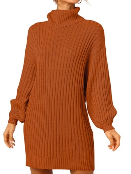 

Fall Simple High Neck A-line High Stretch Daily Long sleeve Dresses, Brick red, Mini Dresses