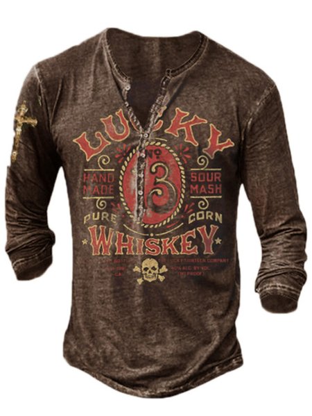 

Cotton Henley Casual T-shirt, As picture, T-shirt