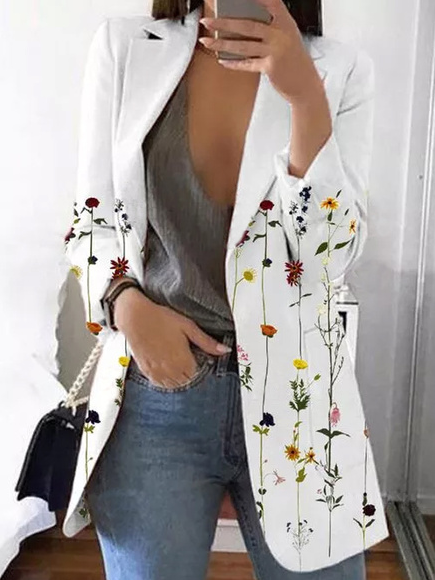 

Lapel Floral Cotton Blends Outerwear, White, Blazers