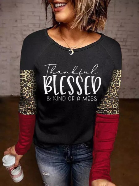 

Letters Leopard Printed Round Neck Loosen Shirts & Tops, Black, Tops