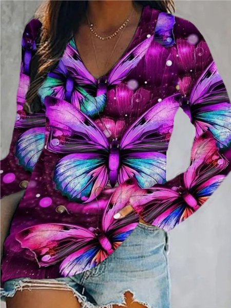 

Casual V Neck Butterfly Long Sleeve Shirts & Tops, As picture, T-Shirts
