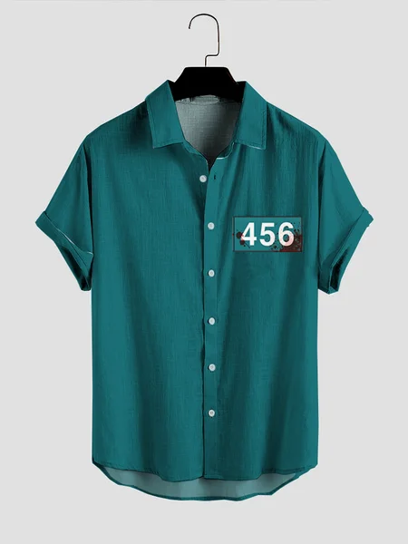 

Mens Squid Game No.456 Print Turndown Collar Short Sleeve Casual Shirts, Green, Men's Floral shirt