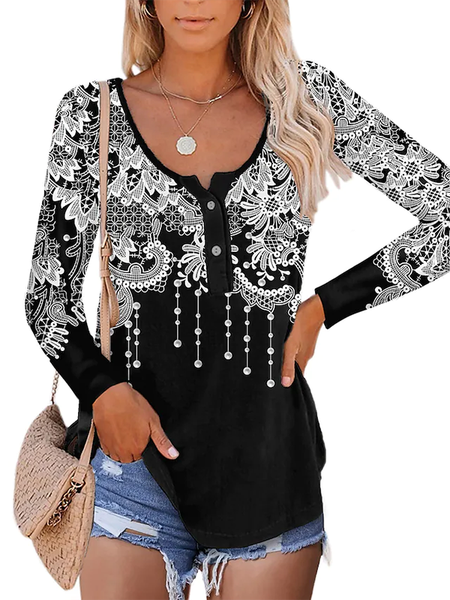 

Printed Crew Neck Long Sleeve Casual Shirts & Tops, Black, T-Shirts