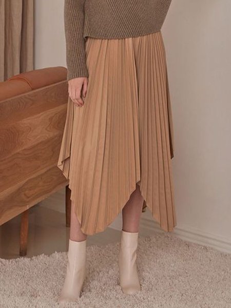 

Elegant A line Loosen Plain Skirt, Yellow brown, Midi Skirts