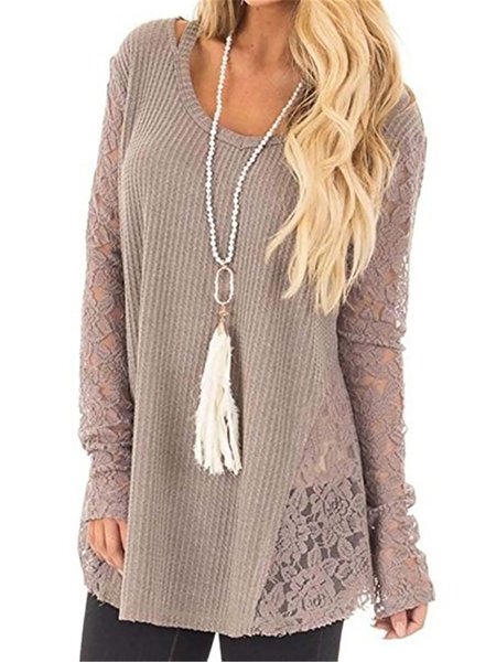

Crew Neck Loosen Solid Lace Long Sleeves Knitted Shirts & Tops, Coffee, Tops