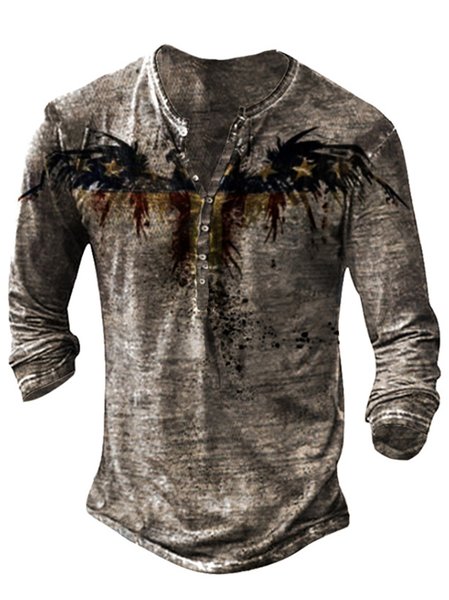 

Henley Long Sleeve Cotton T-shirt, As picture, T-shirt