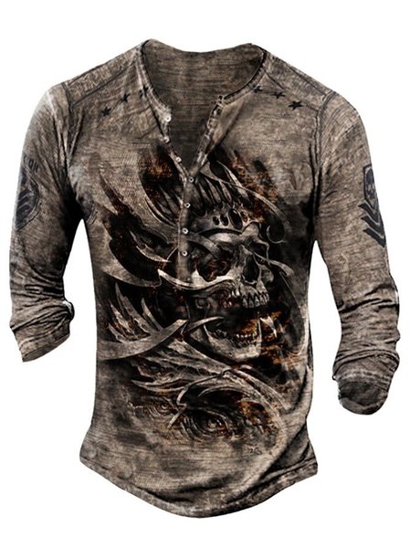 

Cotton Long Sleeve Henley T-shirt, As picture, T-shirt