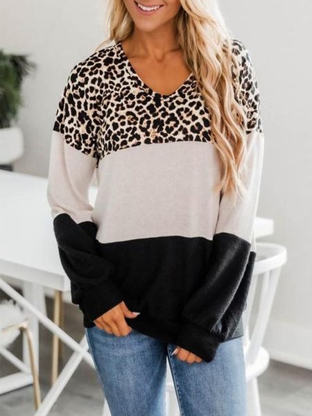 

Casual Color Block Leopard Printed V Neck Loosen Shirts & Tops, Multicolor, Tops