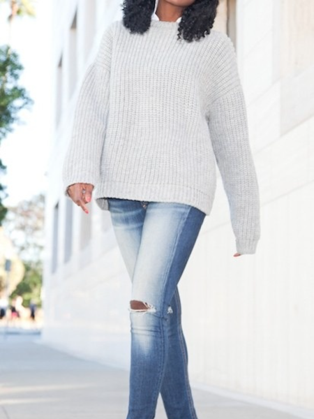 

Fall Plain Crew Neck Plain Long sleeve High Stretch Sweater, Light gray, Pullovers