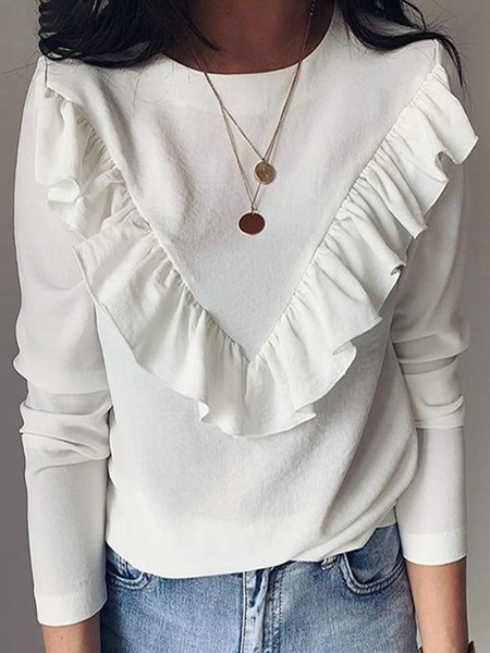 

Casual Loosen Crew Neck Long Sleeve Top, White, Tops