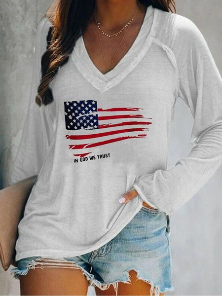 

Flag Printed Loosen V Neck Shirts & Tops, White, Tops