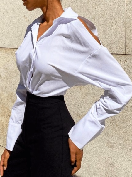 

Fall Simple Shirt Collar Long sleeve Daily Non-Stretch Tops, White, Blouses and Shirts
