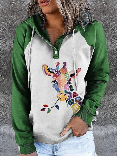 

Vintage Animal Giraffe Printed Long Sleeves Hooded Sweatshirts, Green, Hoodies & Sweatshirts