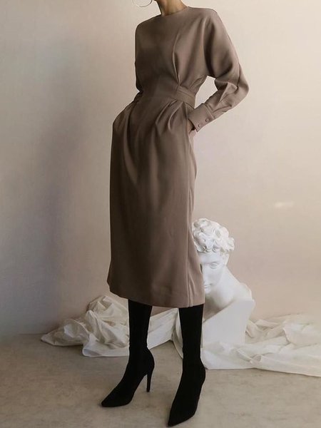 

Round Neck Plain Elegant Midi Dress, Brown, Midi Dresses