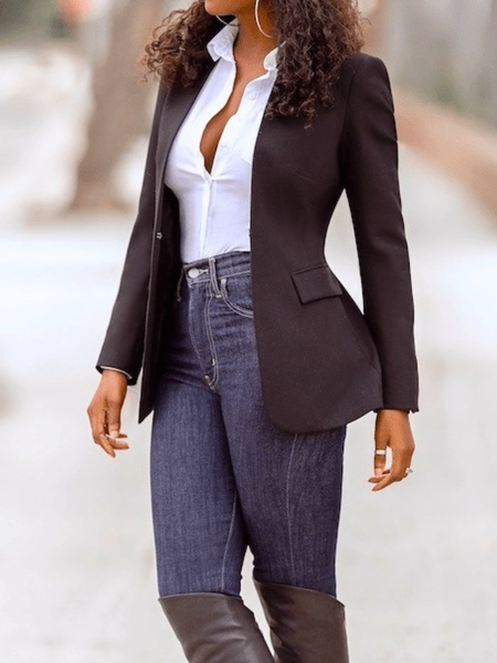 

Fall Plain Mid-weight Non-Stretch Work Formal Outerwear, Black, Blazers