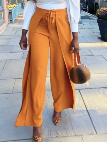 

Fall Simple Loosen Drawstring waist Non-Stretch Mid-weight Work Daily Pants, Orange, Wide Leg Pants