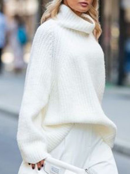 

Simple Basics Raglan Sleeve Basics High Neck Plain Sweater, White, Pullovers