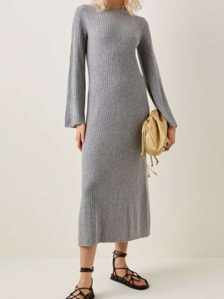 

Regular Fit Solid Crew Neck Dresses, Gray, Midi Dresses