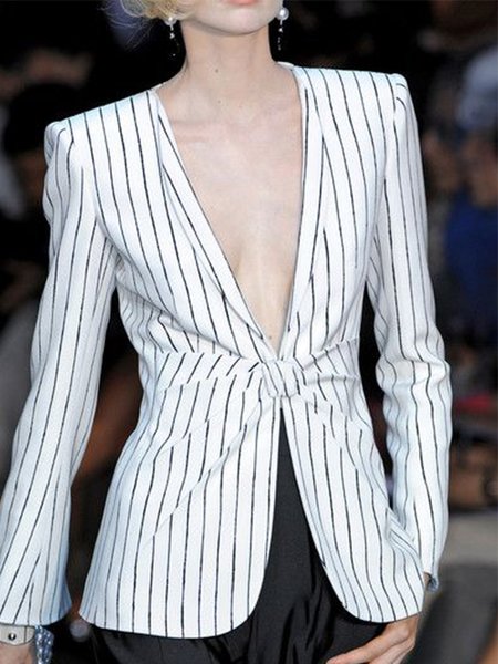 

Long Sleeve Elegant Striped Outerwear, White, Blazers