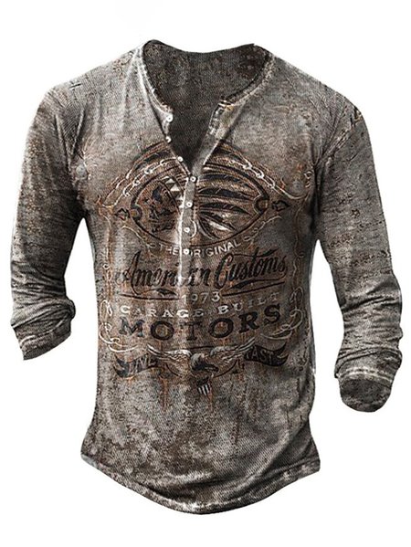 

Long Sleeve Henley Cotton T-shirt, As picture, T-shirt