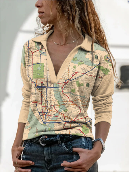 

Map Pattern Casual Cotton Blends Long sleeve Shirts & Tops, Light yellow, Shirts & Blouses