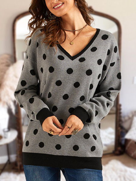 

Polka Dots Off Shoulder Casual V Neck Sweater Black Polka Dot V-Neck Pullover Sweater on Gray, Light gray, Sweaters & Cardigans