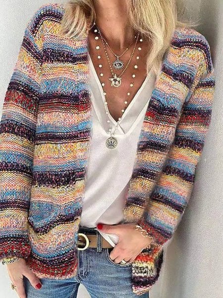 

Casuale Maniche Lunghe a Righe Giubbotto, Multicolore, Cardigans