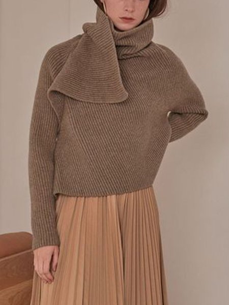 

Loosen Casual Long Sleeve Plain Sweater, Brown, Pullovers
