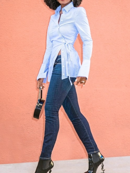 

Fall Elegant Long sleeve Shirt Collar Work Formal Non-Stretch Tops, Blue, Blouses and Shirts