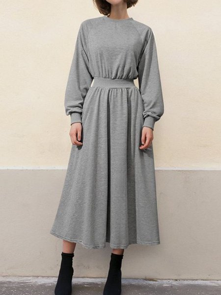 

Loosen Casual Crew Neck Midi Dress, Gray, Midi Dresses