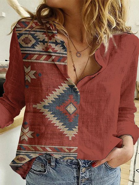 

Casual Tribal Shirt Collar Shirts & Tops, Brick red, Shirts & Blouses