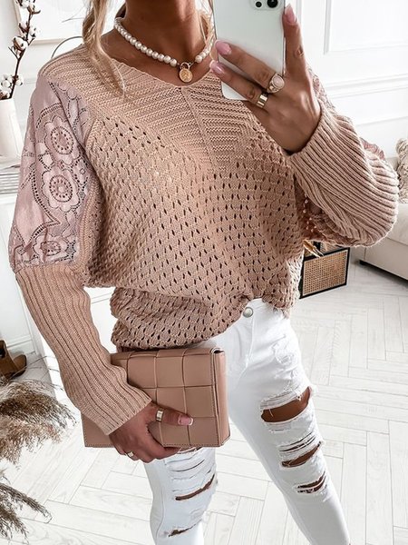 

Casual Plain V Neck Sweater（accessory not included）, Dusty pink, Sweaters & Cardigans