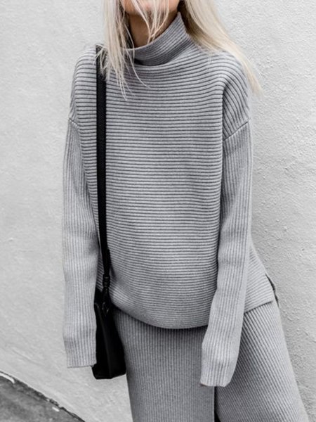 

Basics Simple Off Shoulder Loosen High Neck Sweater, Gray, Pullovers