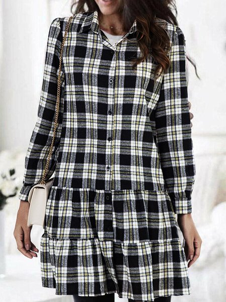 

Loosen Shirt Collar Checked/Plaid Dresses, Black, Mini Dresses