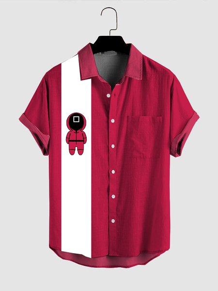

Mens Squid Game Print Turndown Collar Chest Pocket Short Sleeve Casual Shirts, Red, Men's Floral shirt