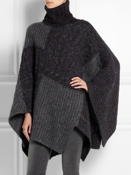 

High Neck Loosen Solid Daily Sweater, Black-grey, Pullovers