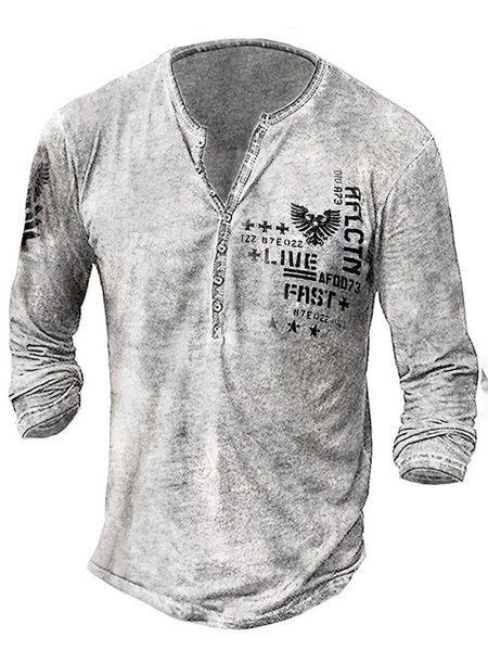 Cotton Long Sleeve Henley T-shirt, As picture, T-shirt