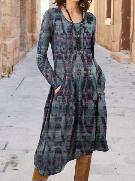 

Crew Neck Cotton Casual Dresses, Red-blue, Midi Dresses