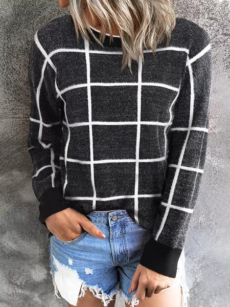 

Casual Checked/Plaid Knitted Loosen Sweater, Black, Knitwear & Sweaters