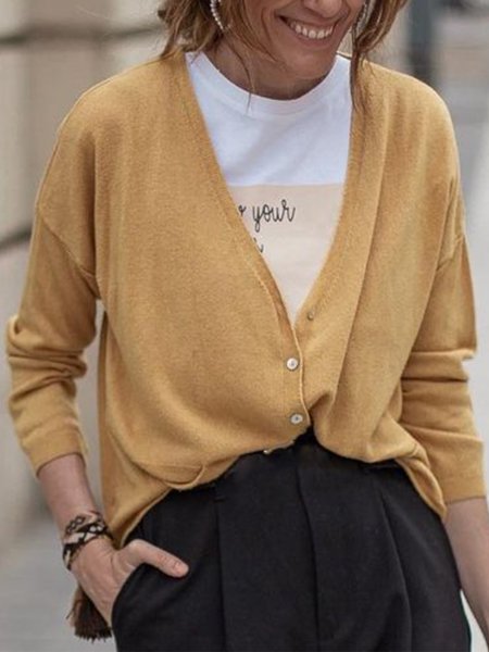 

V Neck Off Shoulder Solid Shirts & Tops, Brown, Cardigans