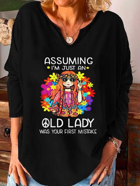 

Printed V Neck Long Sleeve Casual Shirts & Tops, Black, T-Shirts